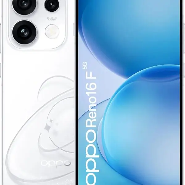 OPPO Reno16 F 5G Smartphone, 256GB 8GB RAM Pop White, Unlocked Dual SIM, 6.57 Inch FHD+ AMOLED 120Hz Display, 50MP Triple Camera, MediaTek Dimensity 7300-Energy, 80W SUPERVOOC Fast Charging