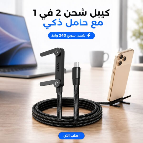 كيبل شحن 2 في 1 مع حامل غير مرئي، كيبل شحن سريع 240 واط بطول 1.5 متر