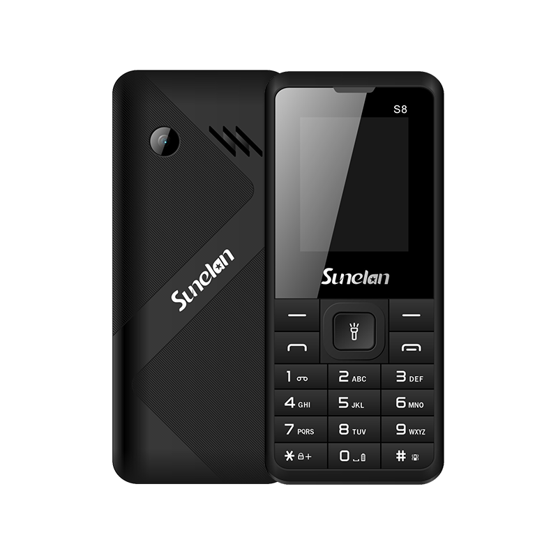 Sunelan S8 black mobile phone, front and back views