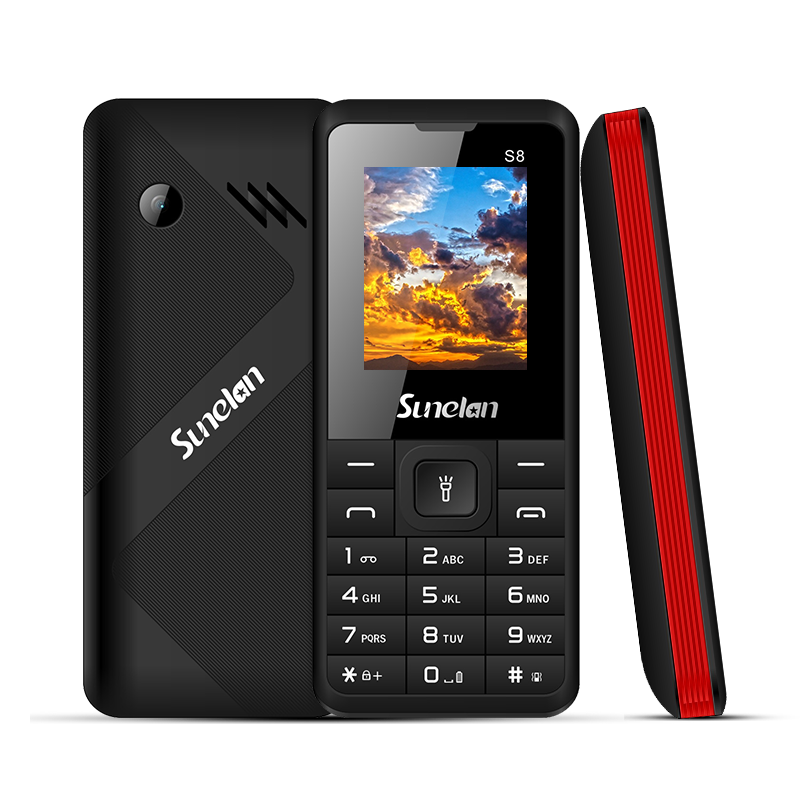 Sunelan S8 black and red mobile phone, front, back and side views
